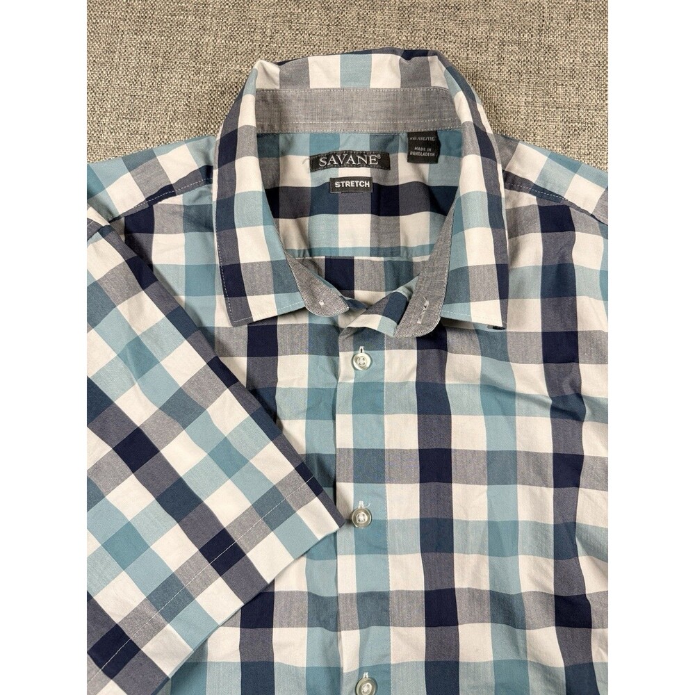 Savane Mens XXL  Blue Plaid Stretch Short Sleeve Button Front Shirt Gingham Prep